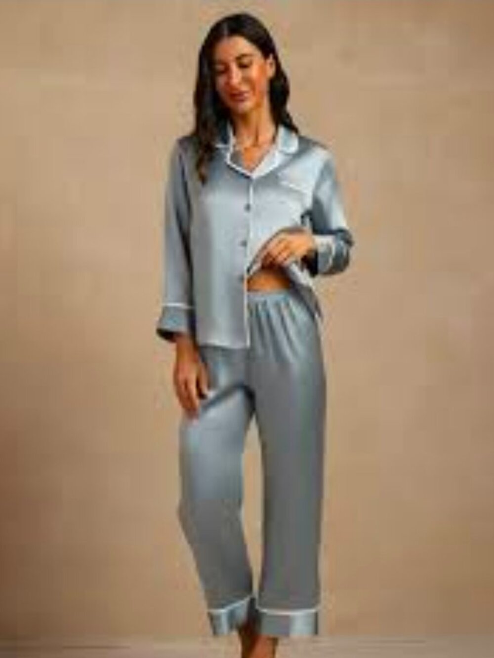 SilkSilky Classic Long Sleeve with Contrast Piping Pajama Set Size Small